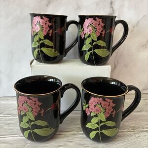 Otagiri Humming Bird Mug Cup Black With Flowers Gold Trim Japan Set Of 4